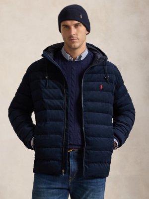 Quilted down jacket in corduroy fabric with removable hood