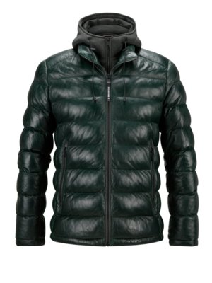 Quilted leather jacket with removable hooded yoke in jersey fabric