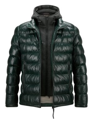 Quilted leather jacket with removable hooded yoke in jersey fabric