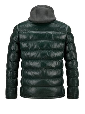 Quilted leather jacket with removable hooded yoke in jersey fabric