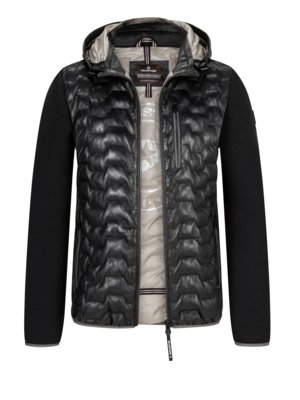 Leather jacket with quilted pattern and softshell inserts