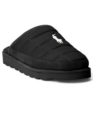 Quilted house slippers with teddy fleece lining and embroidered polo player