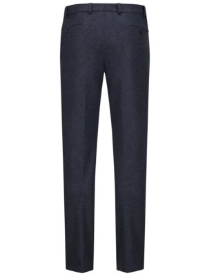 Back view of a pair of dark blue, tailored trousers. The trousers have a waistband with belt loops, two back pockets, and a straight-leg design. The fabric appears to be woven.