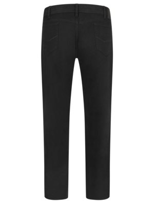The back view of a pair of black denim jeans is shown. The jeans have two back pockets, belt loops, a button, and a zipper. The legs are straight and appear to be slightly tapered.