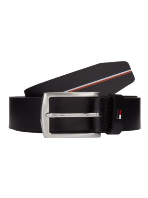 Leather belt with label stripes and enamel pin