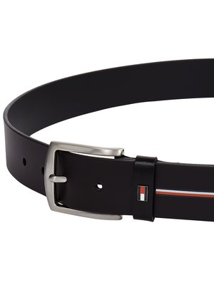 Leather belt with label stripes and enamel pin