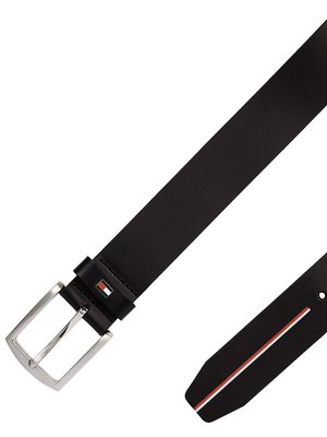 Leather belt with label stripes and enamel pin