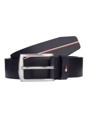 Leather belt with label stripes and enamel pin