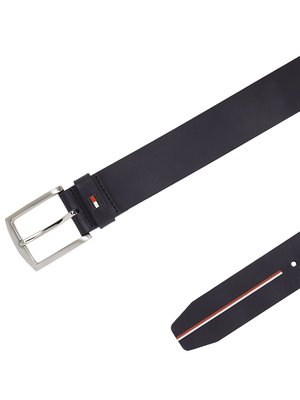 Leather belt with label stripes and enamel pin