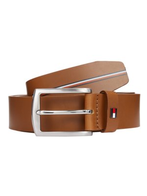 Leather belt with label stripes and enamel pin