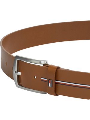 Leather belt with label stripes and enamel pin