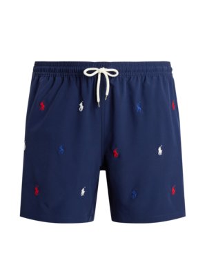 Swimming trunks with all-over embroidered logo and stretch fabric