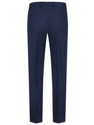 Back view of navy blue dress pants. The pants have two back pockets and belt loops. The legs are straight and the pants appear to be made of a formal material.