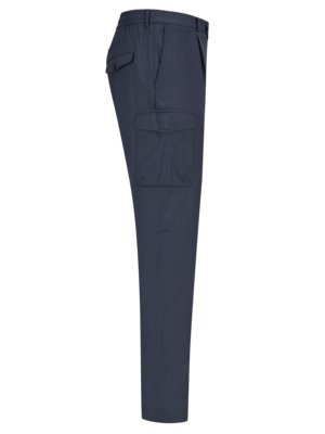 A pair of navy blue men's pants displayed against a white background. The pants have two pockets on the back, and a large cargo pocket on the side. They have a clean, straight cut and a belt loop.