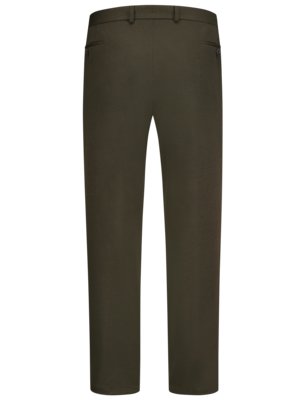 A back view of dark green trousers. The trousers have belt loops, a waistband, and two pockets, one on each side. The legs of the pants are straight.
