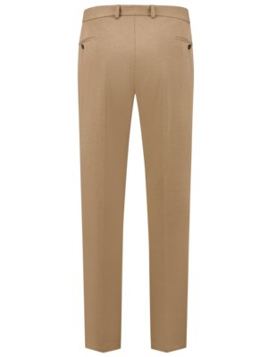 A rear view of tan-colored trousers. The trousers have a belt, two back pockets, and buttons. The legs are straight and taper slightly towards the bottom. The fabric appears to be smooth.