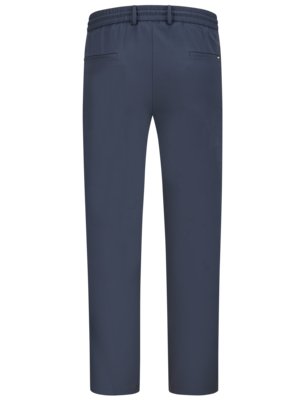 Back view of navy blue men's pants with an elastic waistband and pockets. The pants are straight-legged, made of a smooth fabric, and have belt loops. The background is white.