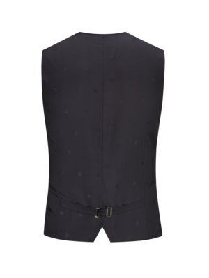 The back of a dark grey waistcoat is shown. The waistcoat has an adjustable strap and buckle at the lower back. Small, repeating patterned details are visible across the fabric.