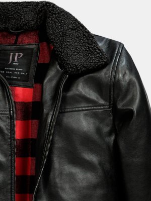 Leather jacket with checked flannel lining