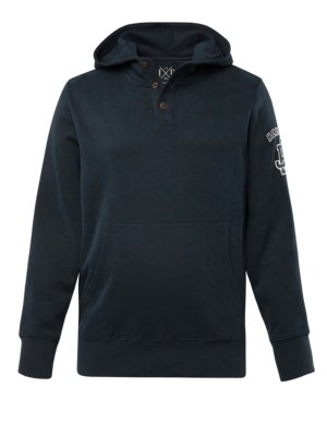 Hoodie with logo patch and button placket on the collar