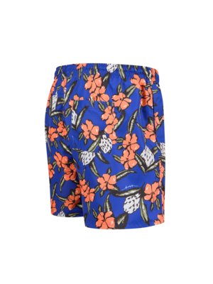 Blue swim shorts with a floral pattern. The pattern includes orange flowers, white and grey leaves and other elements. The shorts are set against a white background.