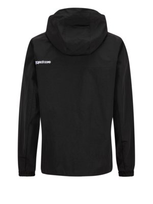 The back of a black jacket with a hood is shown. The jacket has a white logo on the upper back left. The hood is up. The sleeves are long. The image is a medium shot.