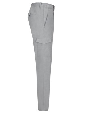 A light grey, tailored cargo pant is shown in a side view. The pants have a side pocket on the upper leg, a pocket on the back, and a front pocket. The pants are slightly textured.
