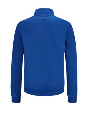 Back view of a blue jacket against a white background. The jacket has a stand-up collar, long sleeves, and a fitted waist. The back features a seam across the upper portion.