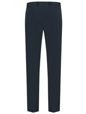 A rear view of a pair of navy blue men's trousers. The trousers have a waistband with belt loops, two back pockets and a button closure on the left pocket. The legs are straight and taper slightly.