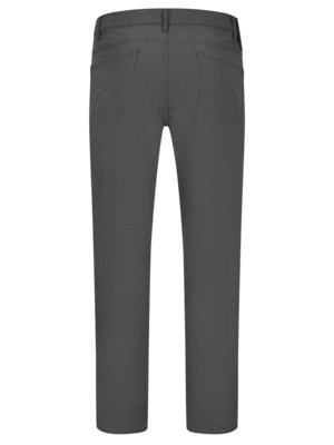 Back view of a pair of charcoal-colored pants. The pants have a waistband with belt loops, two back pockets, and a button and zipper closure. The legs are straight.
