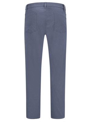 Image shows the back of a pair of blue-grey pants. The pants have a waistband with belt loops, two back pockets, and a button and zipper closure. The pants are straight-legged.