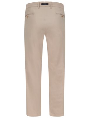Back view of a pair of beige trousers. The trousers have two back pockets with a button closure, belt loops, and a small label at the waistband. They are hanging on a white surface.