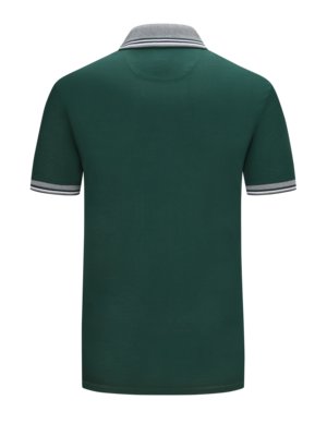 Back view of a dark green polo shirt. The collar is gray with a thin white stripe. Sleeves have gray cuffs with white stripes. A small patch is visible on the upper back of the shirt.