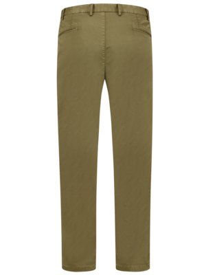 Back view of a pair of olive-green men's pants. The pants have belt loops, pockets, and a straight-leg cut. The fabric appears to be a casual material, possibly cotton or linen.