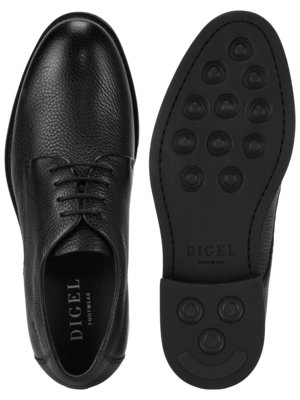 A black leather dress shoe shown with the sole visible. The shoe is lace-up with a textured upper. The sole is also black and features round, textured grips. The brand name "DIGEL FOOTWEAR" is visible on the sole.