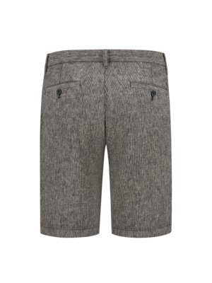 Rear view of grey striped shorts. The shorts have two back pockets with buttons. The shorts have a waistband with belt loops. The fabric has vertical stripes.