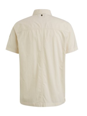Back view of a light beige short-sleeved button-down shirt. The shirt has a collar, a small button at the collar, and a vertical seam down the center of the back. The sleeves are short.