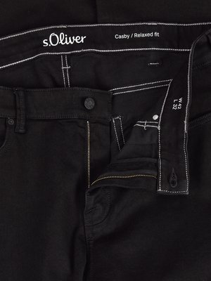 Black S.Oliver jeans with visible zipper, button, and size tag W42 L32.