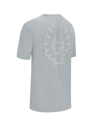Hellgraues T-Shirt mit kurzem Arm. Auf der Rückseite ist ein weißes Logo abgebildet. Das Logo hat die Form eines Flügels mit einem T-förmigen Detail in der Mitte. Der Hintergrund ist weiß.