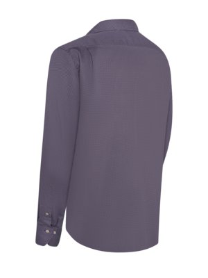 A close-up view of a purple button-down shirt with a small dot pattern. The shirt has long sleeves with button cuffs and a collar. The shirt is slightly angled towards the right.