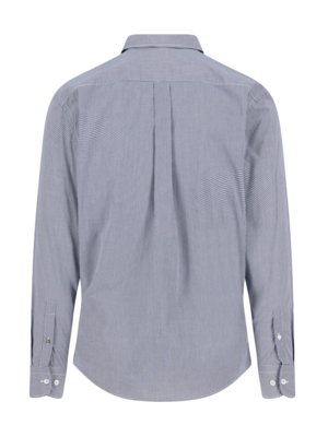 The back view of a blue and white striped long-sleeved button-down shirt is shown. The shirt has a collar, button cuffs, and pleats down the back. The bottom of the shirt is curved.