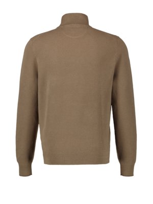 A tan, long-sleeved sweater is displayed from the back. The sweater has a high, folded collar and a ribbed hem and cuffs. The fabric is a solid, knitted material.