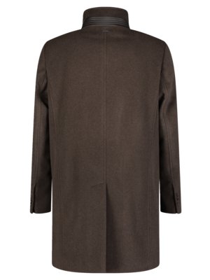 Back view of a dark brown overcoat. The coat has a high, rounded collar with a ribbed detail. It has long sleeves with buttons at the cuffs and a single vent at the bottom.
