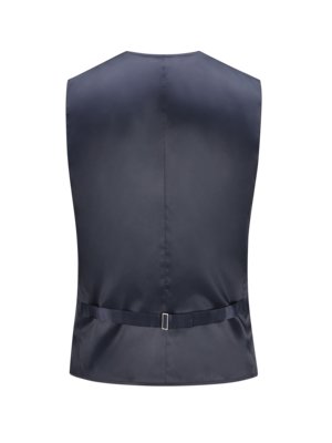 A dark navy blue vest, viewed from the back, is centered in the image. The vest has a center seam, an adjustable strap with a silver buckle at the waist, and is set against a white background.