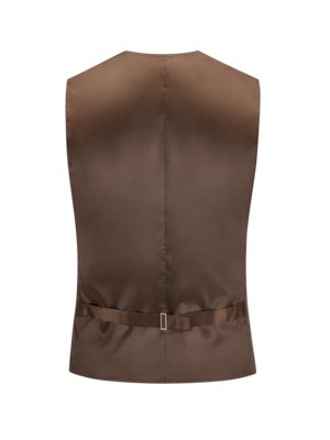 The back view of a brown formal vest. The vest has a curved hem, a strap with a buckle at the waist, and a vertical seam down the center. The background is white.