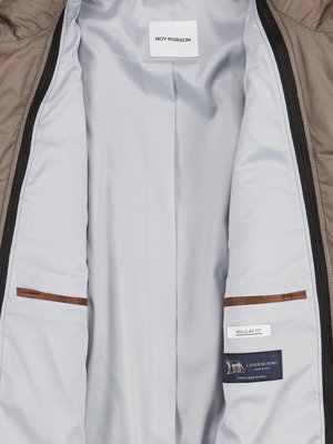 Close-up of a jacket's inside. The jacket is open, displaying a light grey lining with brown trim on the pockets. The brand name, Roy Robson, is on a white label. A "Regular Fit" label is present.