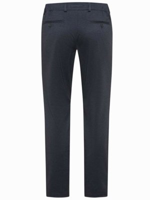A pair of navy blue men's trousers, seen from the back. The trousers have a textured pattern, pockets, belt loops, and a button closure. The legs are straight and narrow. The background is white.