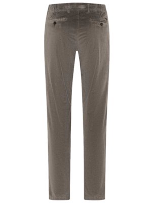 Eine Hose aus grauem Cordstoff. Die Hose hat einen Bund mit Gürtelschlaufen und Knöpfen. Zwei Taschen hinten und eine verdeckte Knopfleiste vorne sind zu sehen. Die Beine sind gerade geschnitten.