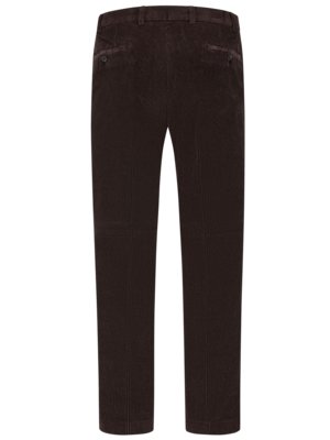 A pair of dark brown corduroy trousers, viewed from the back. The trousers have a waistband with belt loops, two back pockets, and vertical corduroy lines. The legs are straight.