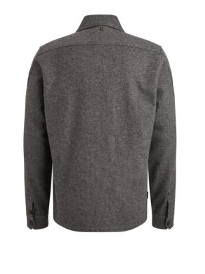 Rückansicht einer grauen Jacke mit Knöpfen. Die Jacke hat einen Kragen und lange Ärmel mit Knöpfen. Auf dem oberen Rückenteil ist ein Knopf zu sehen. Auf der linken Schulter befindet sich ein kleines Detail.